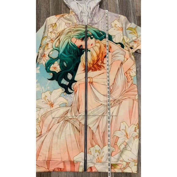 Anime-Inspired Hooded Longline Jacket Zipper Front Floral Art Allover Print 2LX - Picture 12 of 16